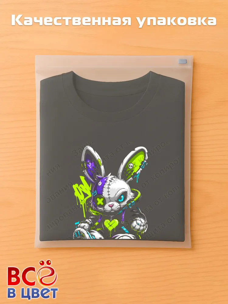 Футболка черная Cyber Bunny с ярким принтом кролик — фото 5