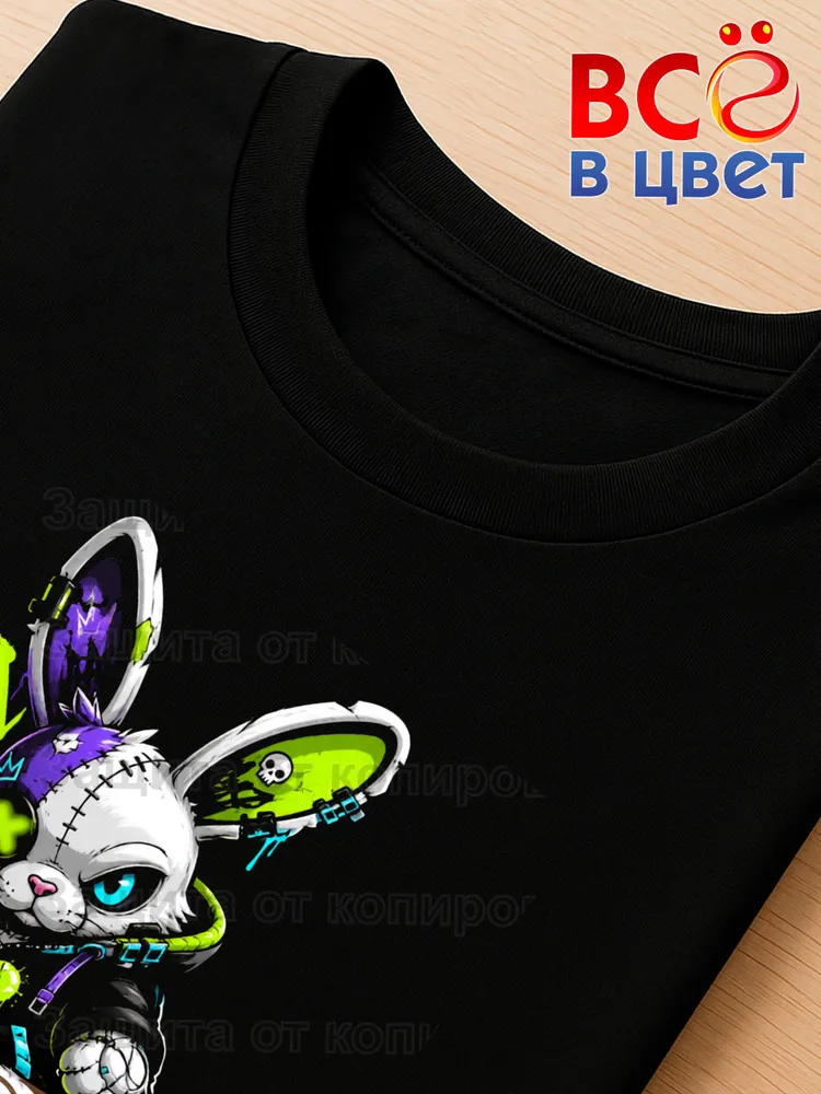Футболка черная Cyber Bunny с ярким принтом кролик — фото 4
