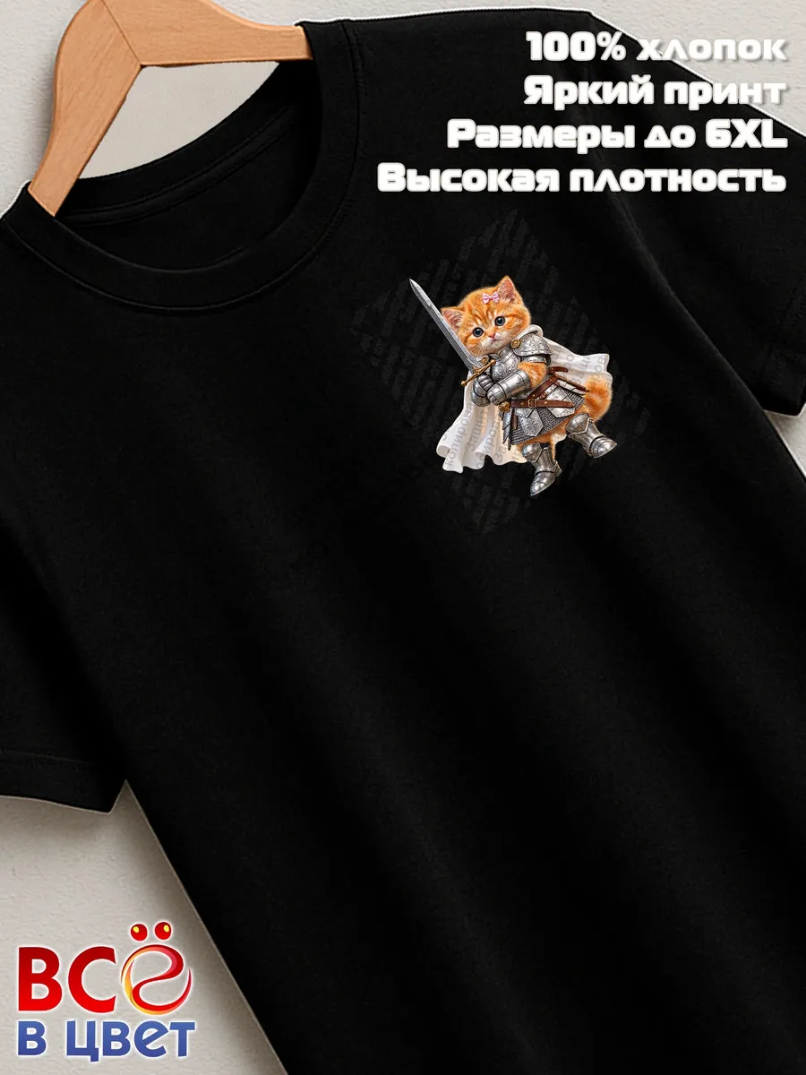 Черная футболка Кошечка рыцарь с мечом с принтом