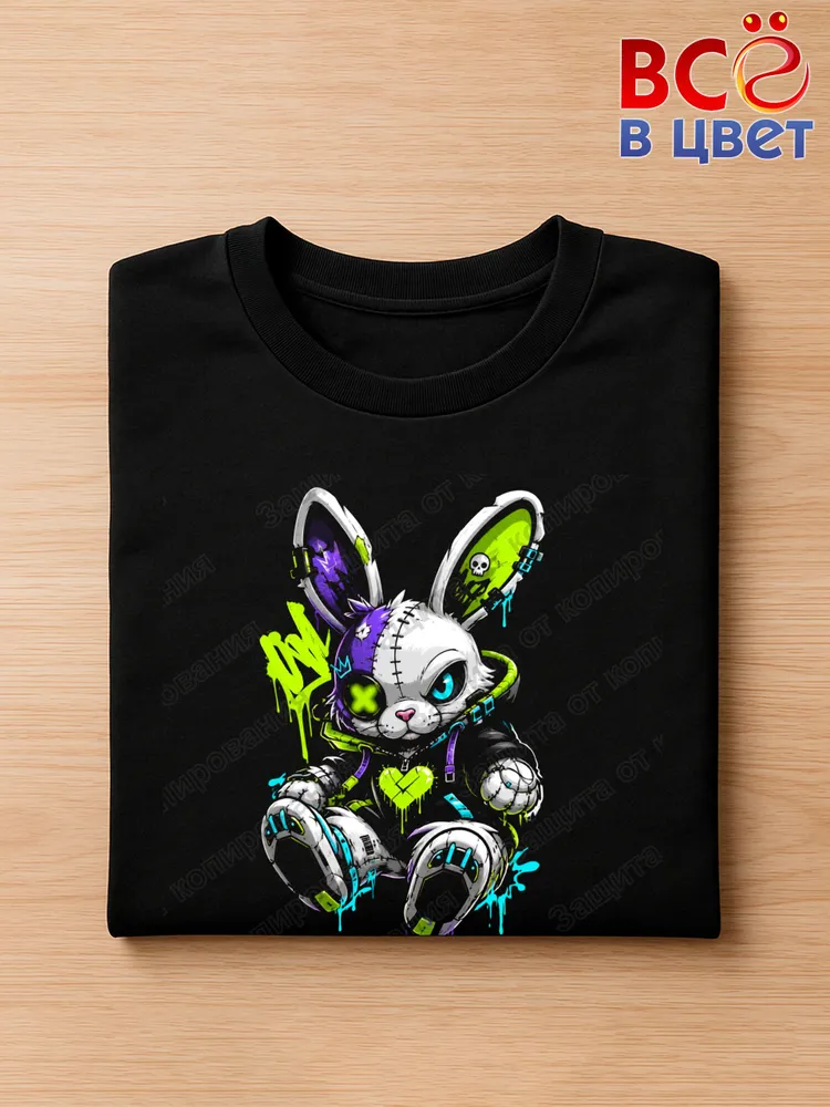 Футболка черная Cyber Bunny с ярким принтом кролик — фото 3